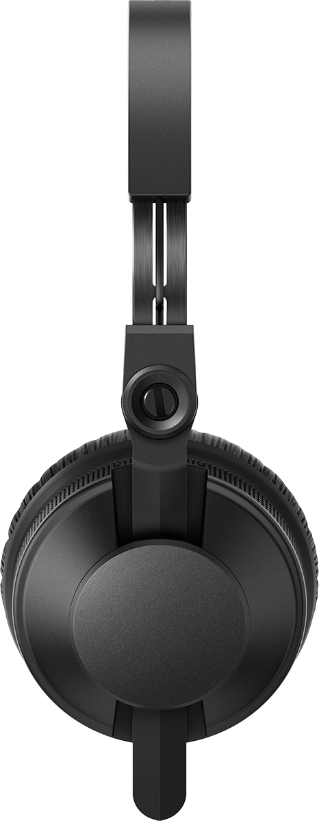 Casque noir. Les écouteurs sont ronds. Le bandeau s'étend des écouteurs.