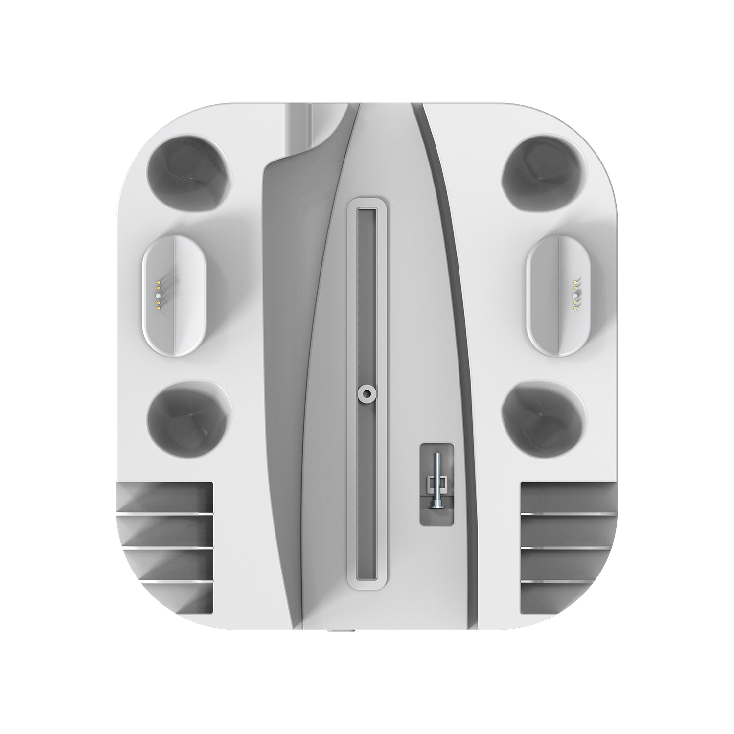A white, rounded device with several holes and a central rectangle, with a screw.