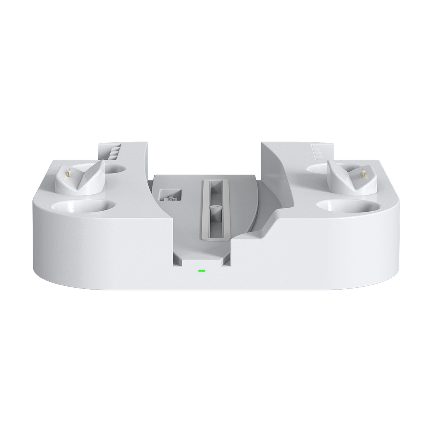 A white charging station for controllers. It has slots and charging points.