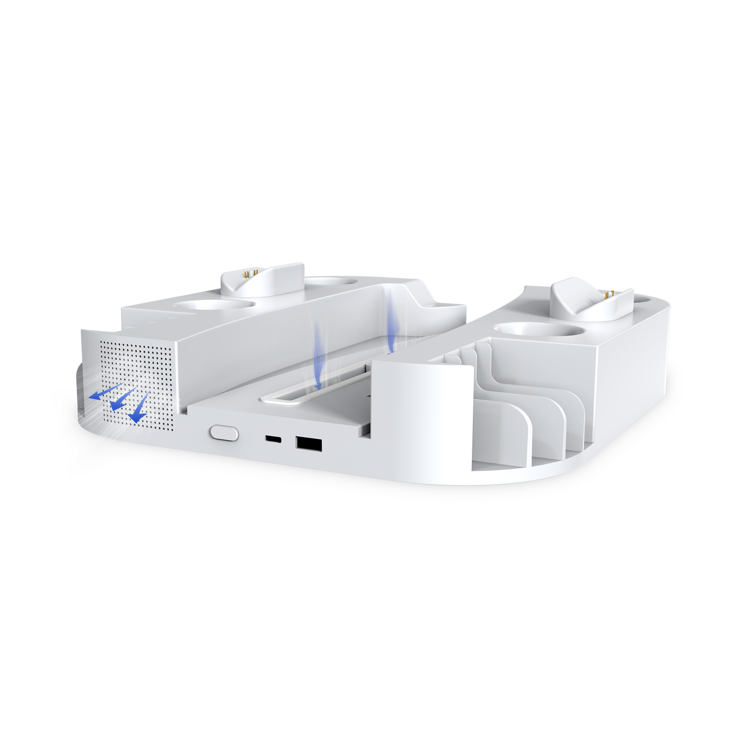 White gaming console stand with multiple slots, and blue airflow details.