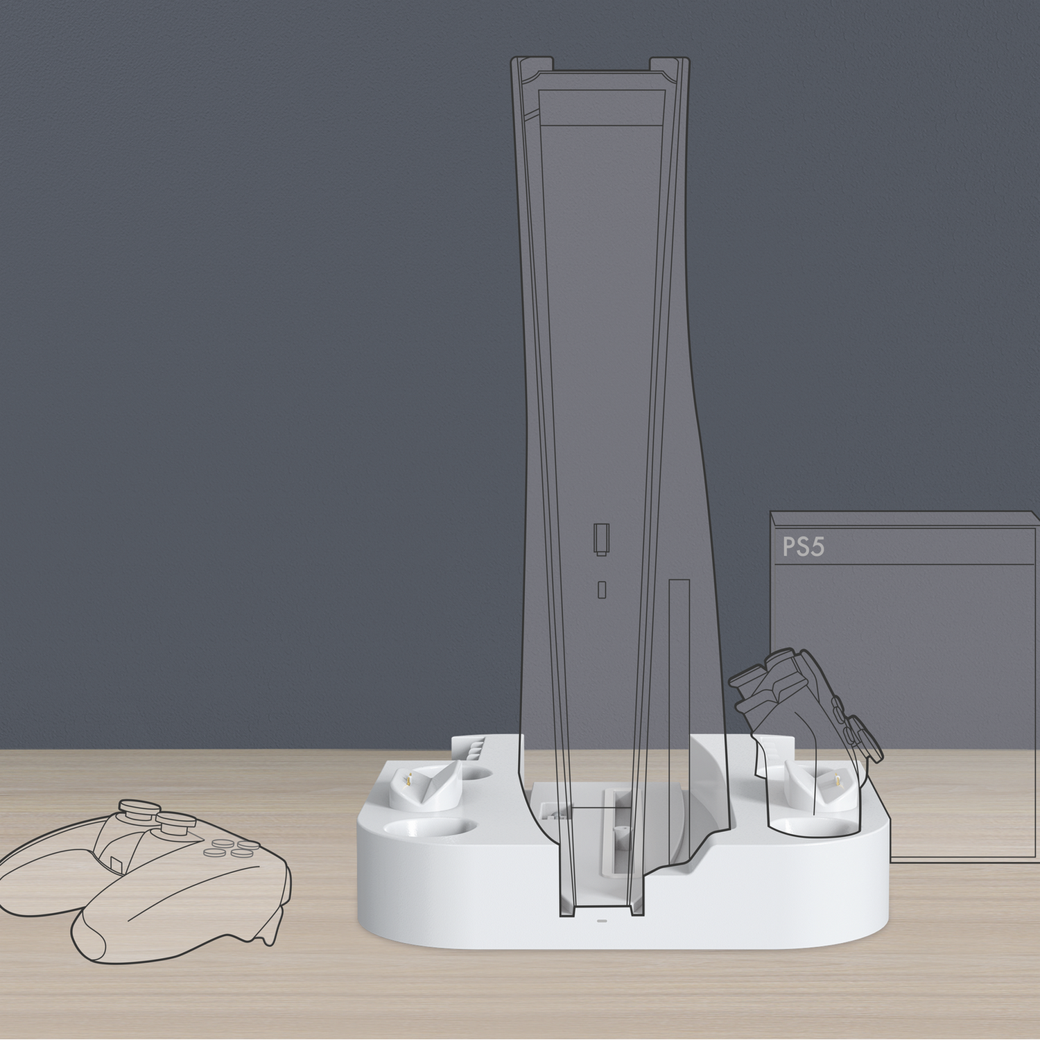 Outline of a white PS5 console and accessories. Includes a controller, charging station, and box.