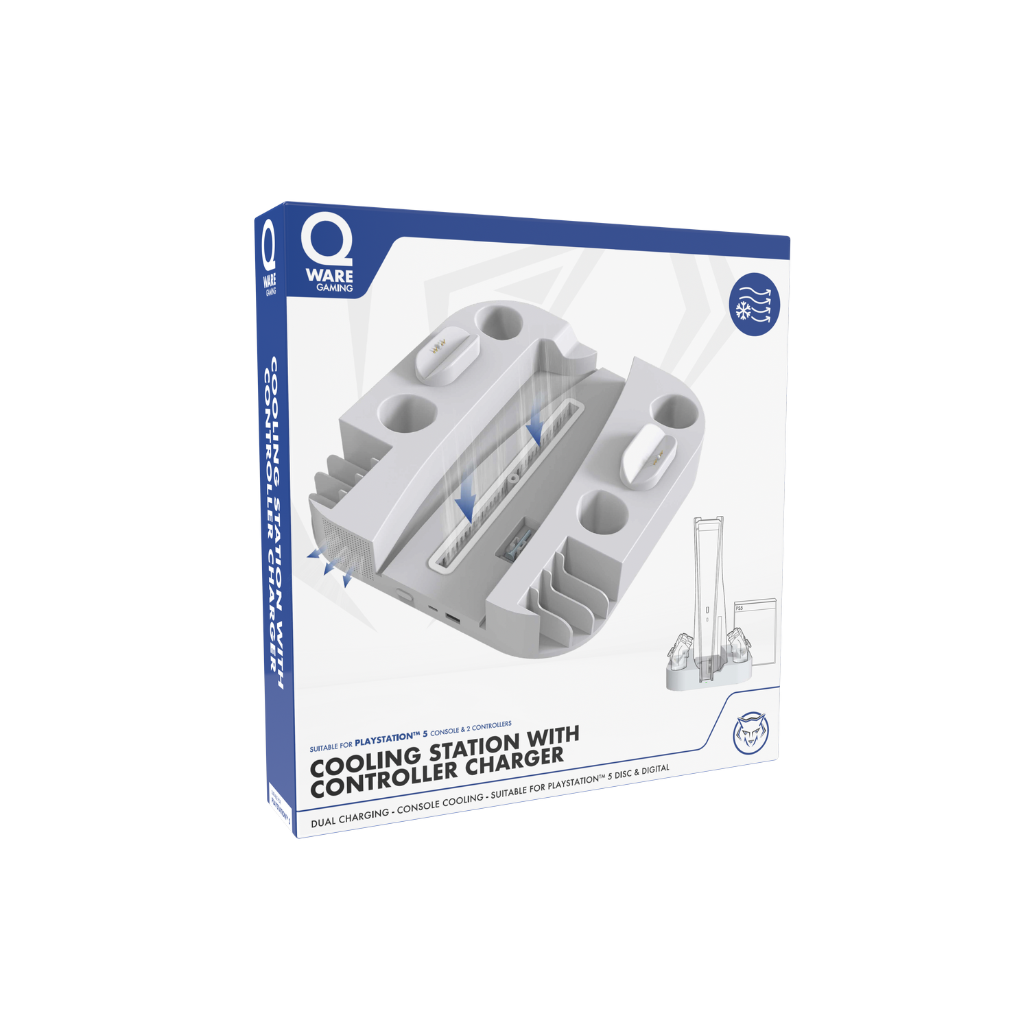 White cooling station with controller charger. It is in a box labeled with the brand name Ware Gaming.