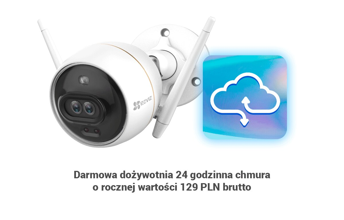 Biała kamera bezpieczeństwa Ezviz z dwiema antenami i ikoną chmury, z tekstem o chmurze.
