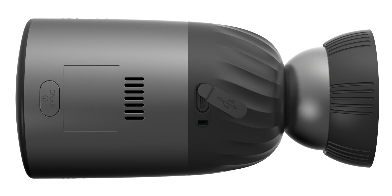 Zbliżenie czarnego urządzenia, prawdopodobnie głośnika. Ma przycisk synchronizacji i port USB.