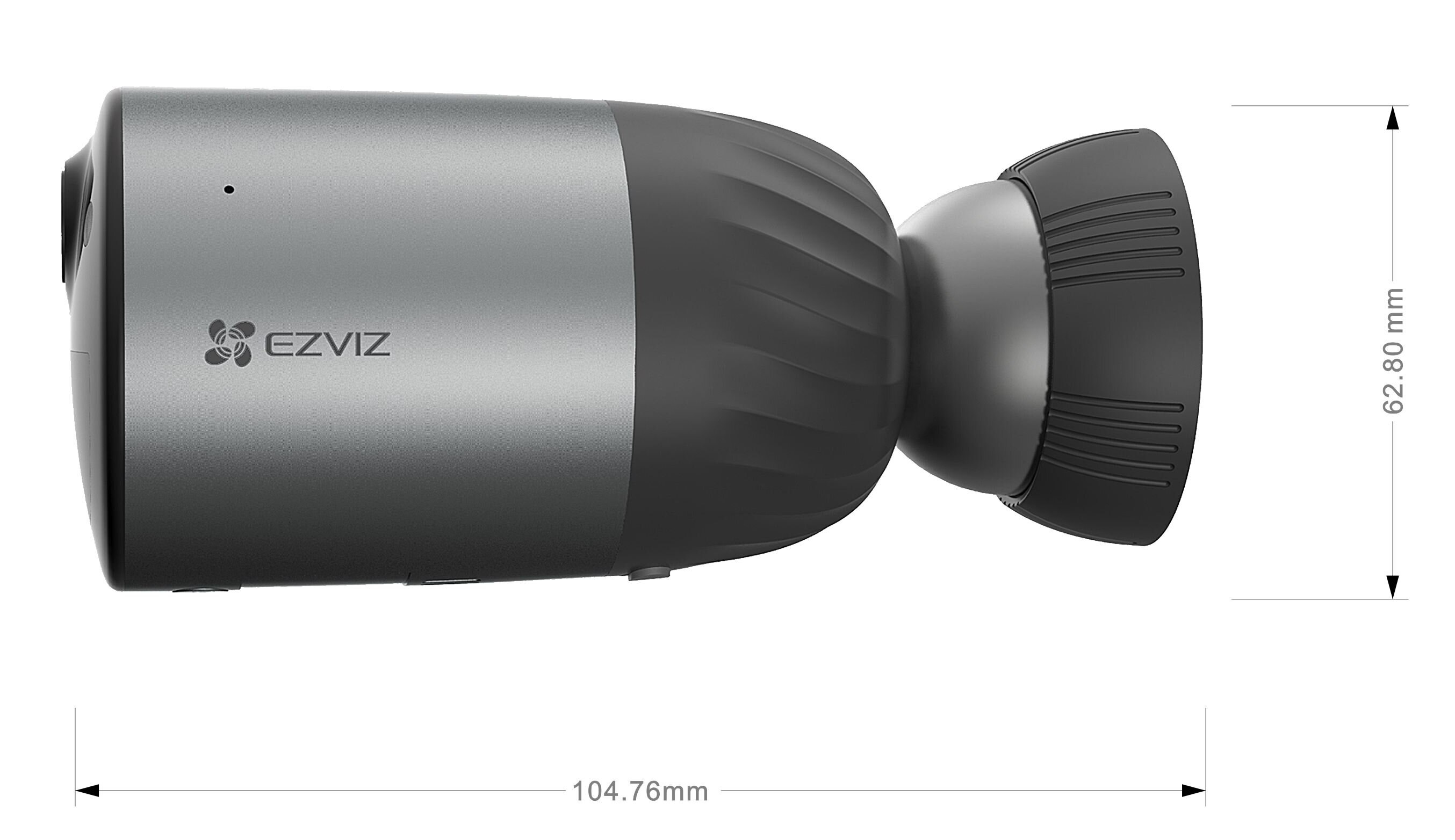 Szara kamera bezpieczeństwa EZVIZ z wymiarami. Cylindryczna kamera z szeroką, okrągłą podstawą.