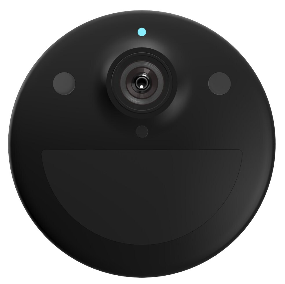 Czarna kamera bezpieczeństwa, widok z góry, z obiektywem i dwoma kropkami.