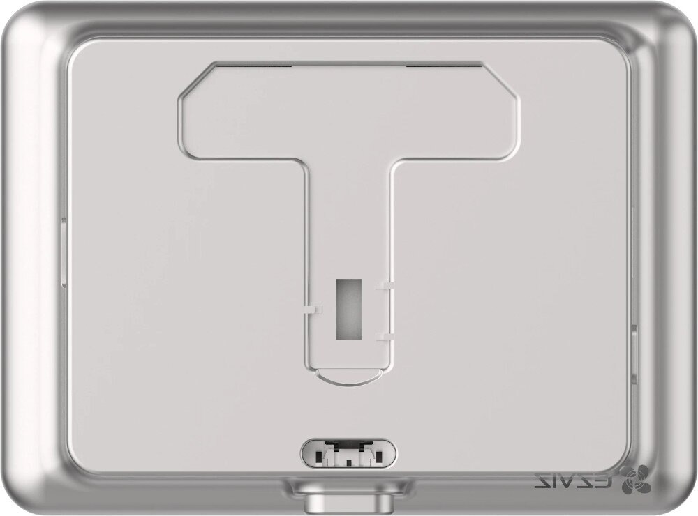 Srebrne prostokątne urządzenie z wcięciem w kształcie litery T i portem USB.