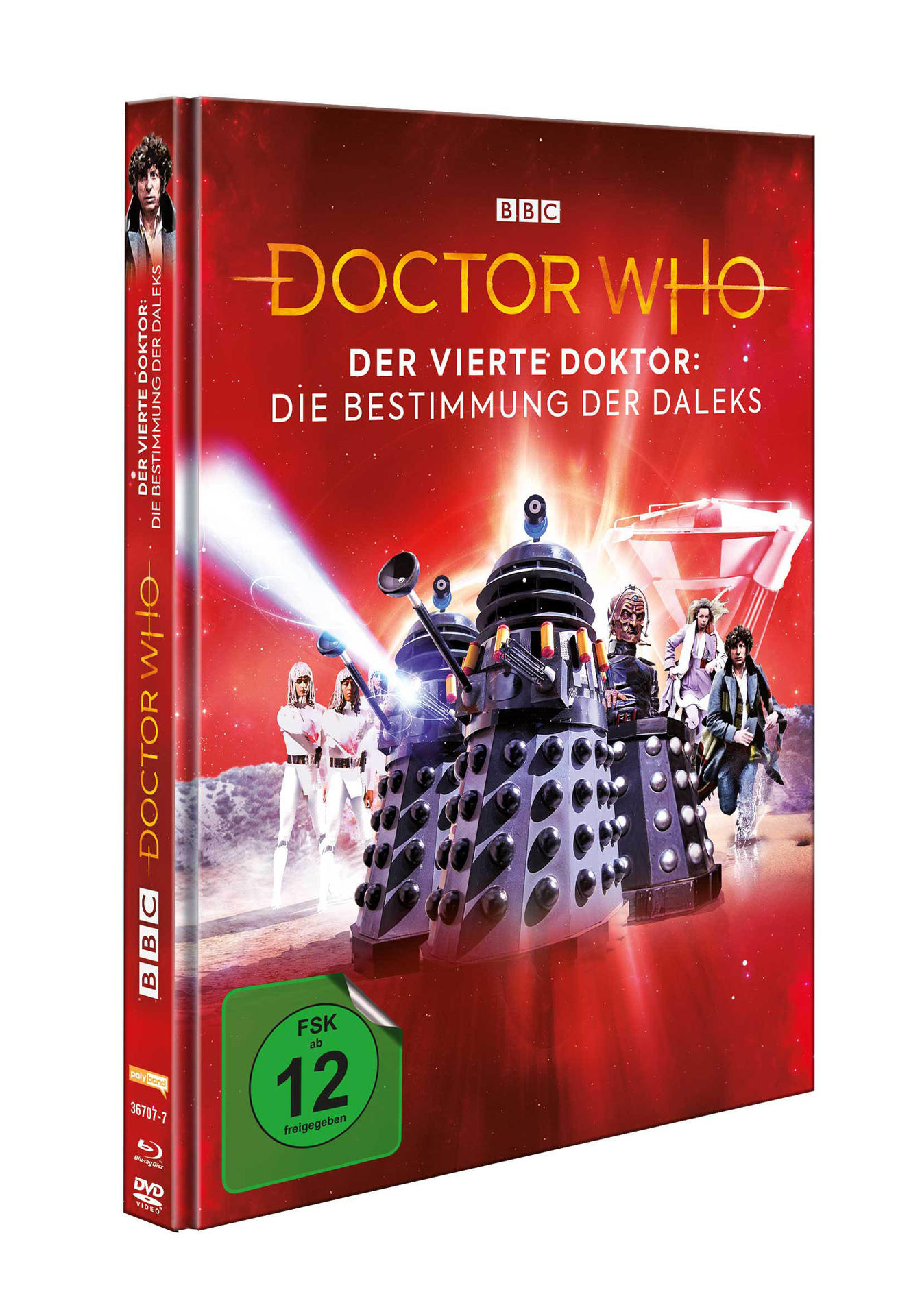 DVD-Cover von Doctor Who mit den Daleks und dem Text 'Der Vierte Doktor'.