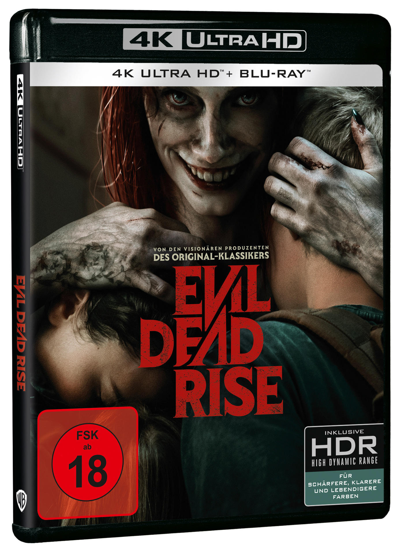 Filmcover mit dem Gesicht einer gruseligen Frau; Text lautet 'Evil Dead Rise' und '4K Ultra HD'.