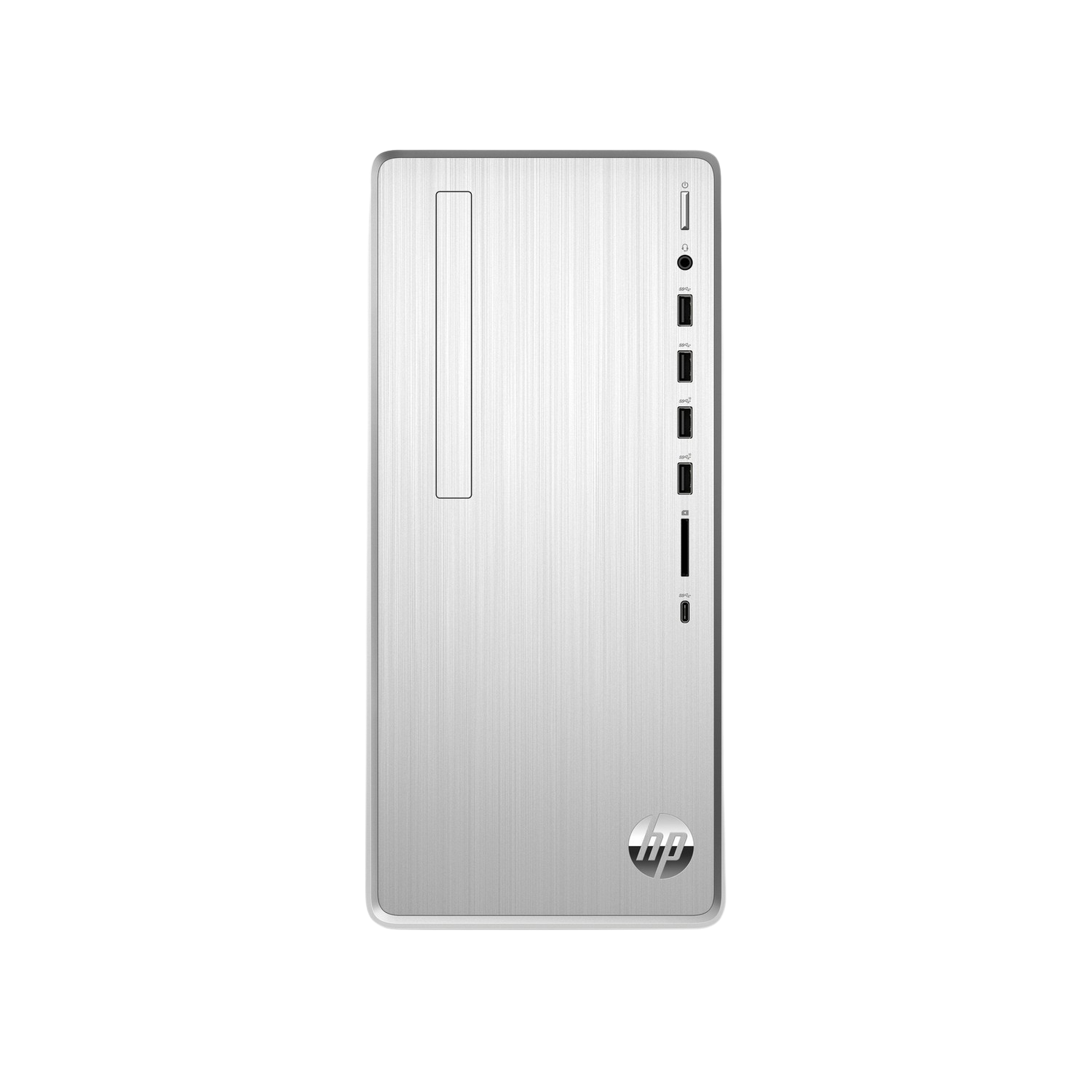 Un ordinateur de bureau HP argenté sur fond noir. Il comporte divers ports et le logo HP.