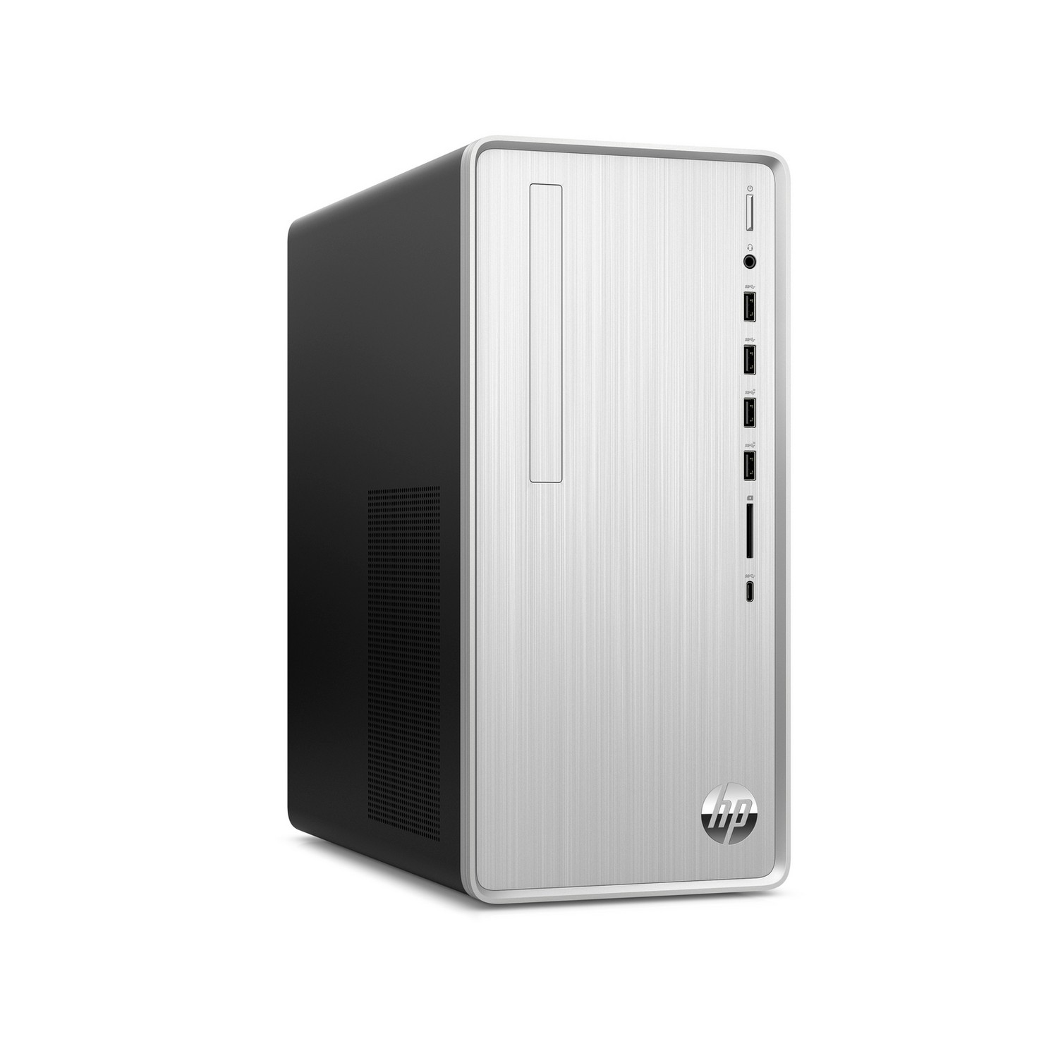 Un ordinateur de bureau HP argenté et noir. L'avant a une finition argentée avec une ligne verticale. Le logo HP est visible.