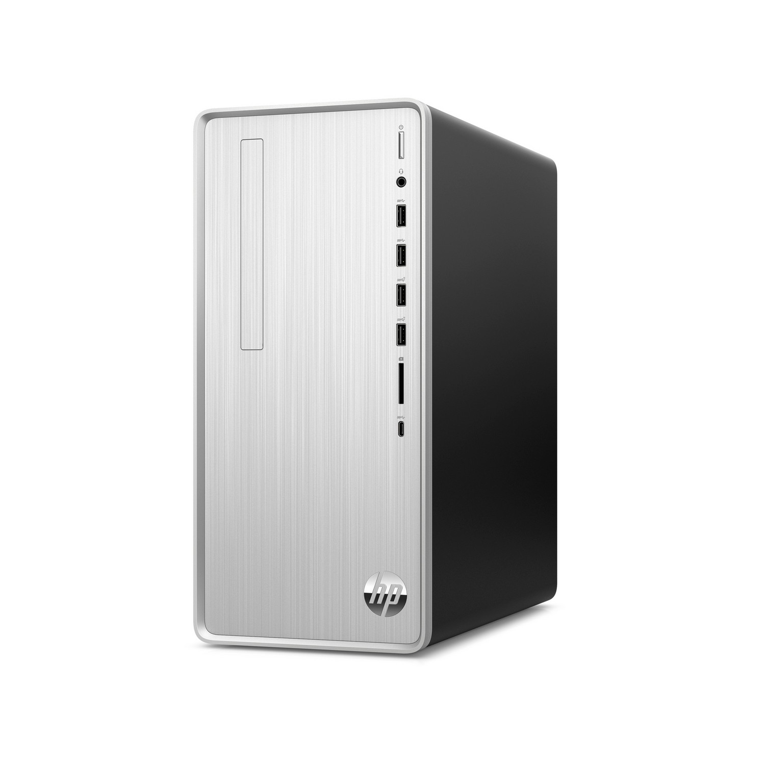 Un ordinateur de bureau HP argenté et noir. L'avant a une finition argentée, avec une fente verticale et des ports USB. Le logo HP est visible.