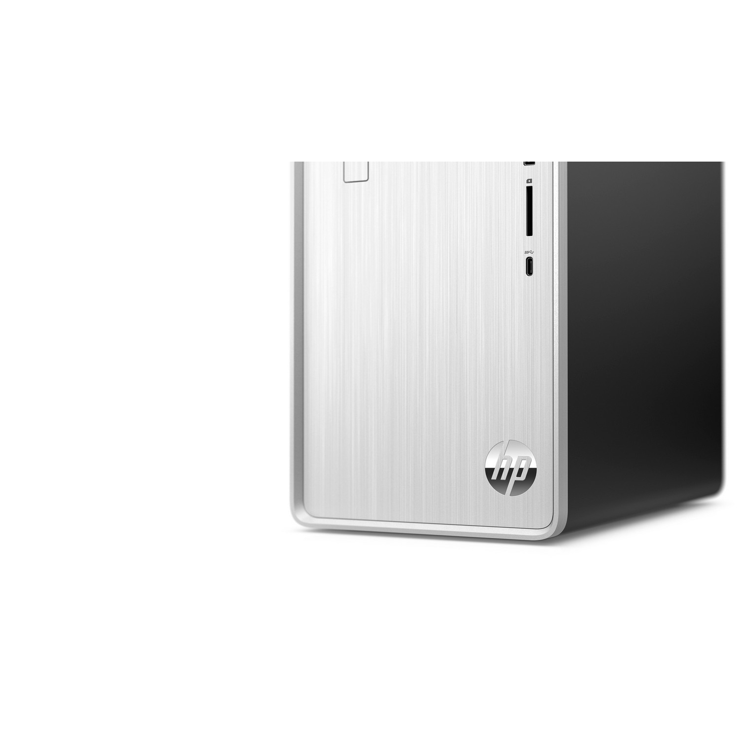 Ordinateur de bureau HP argenté et noir. Le panneau avant a une finition en métal brossé, avec le logo HP en bas.
