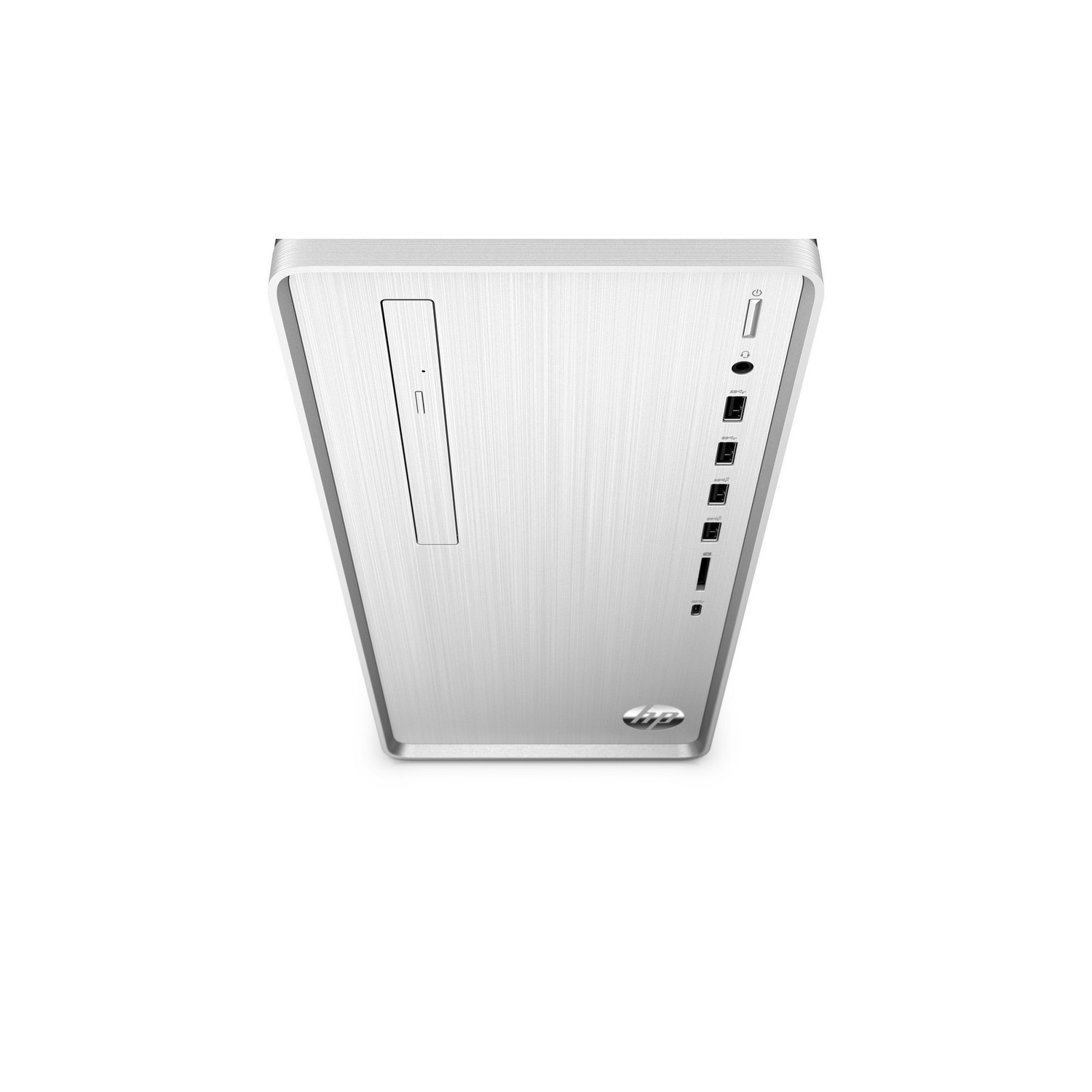 Un boîtier d'ordinateur de bureau argenté, avec un bouton d'alimentation, des ports USB et une fente pour lecteur CD. Le logo HP est visible.