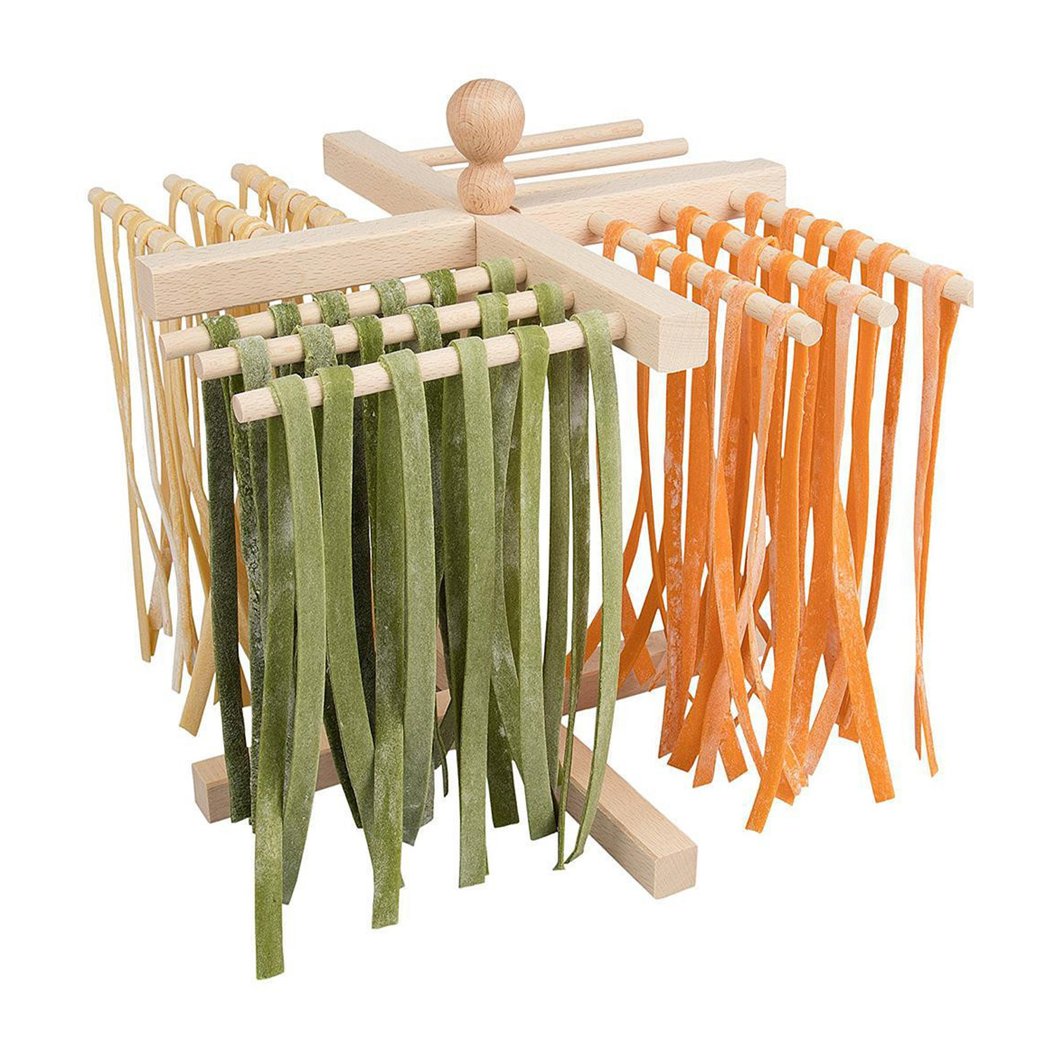 Un portapasta in legno con pasta di diversi colori appesa.