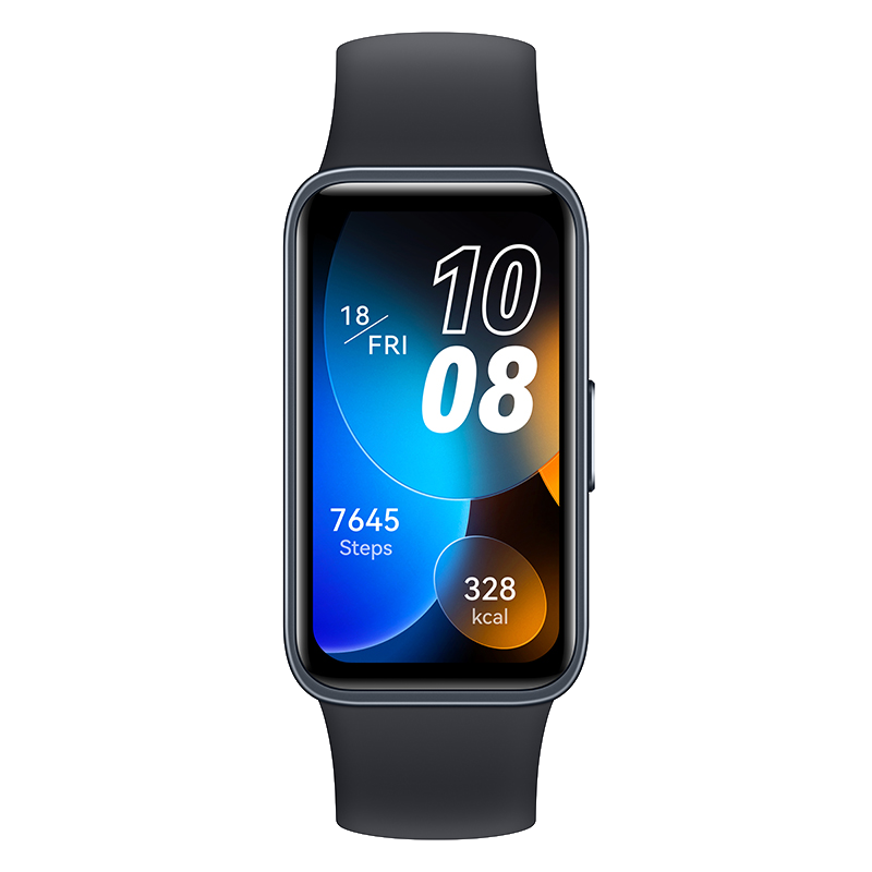 Un reloj inteligente negro muestra la hora, la fecha, los pasos y las calorías. Tiene una banda oscura y un fondo negro.