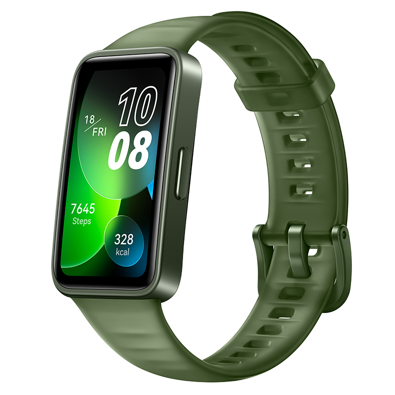 Reloj inteligente verde con correa verde. Muestra fecha, hora, pasos y calorías.