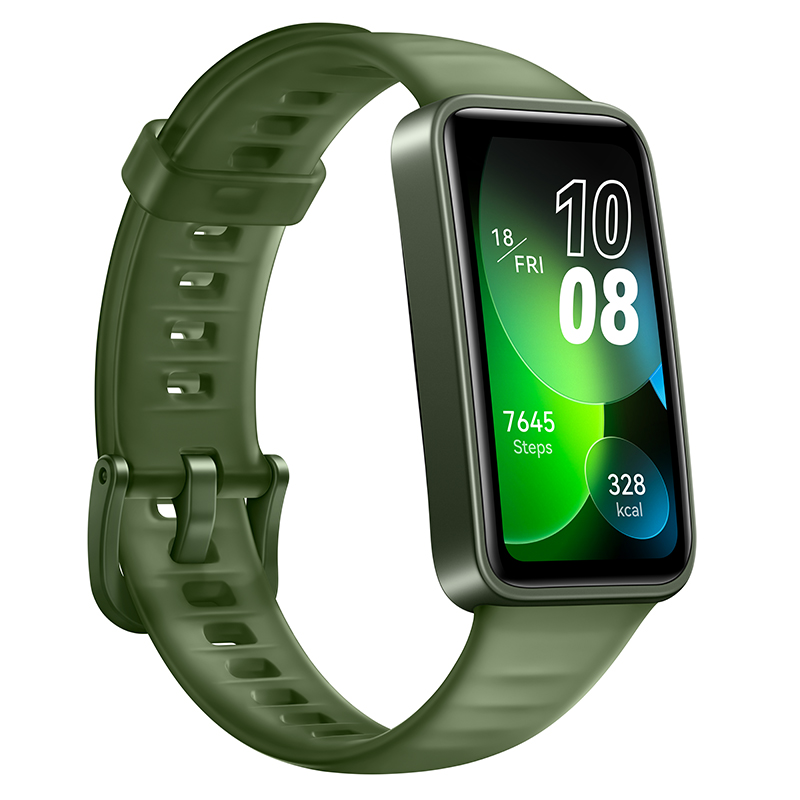 Reloj inteligente verde, mostrando fecha, hora, pasos y calorías quemadas sobre fondo blanco.