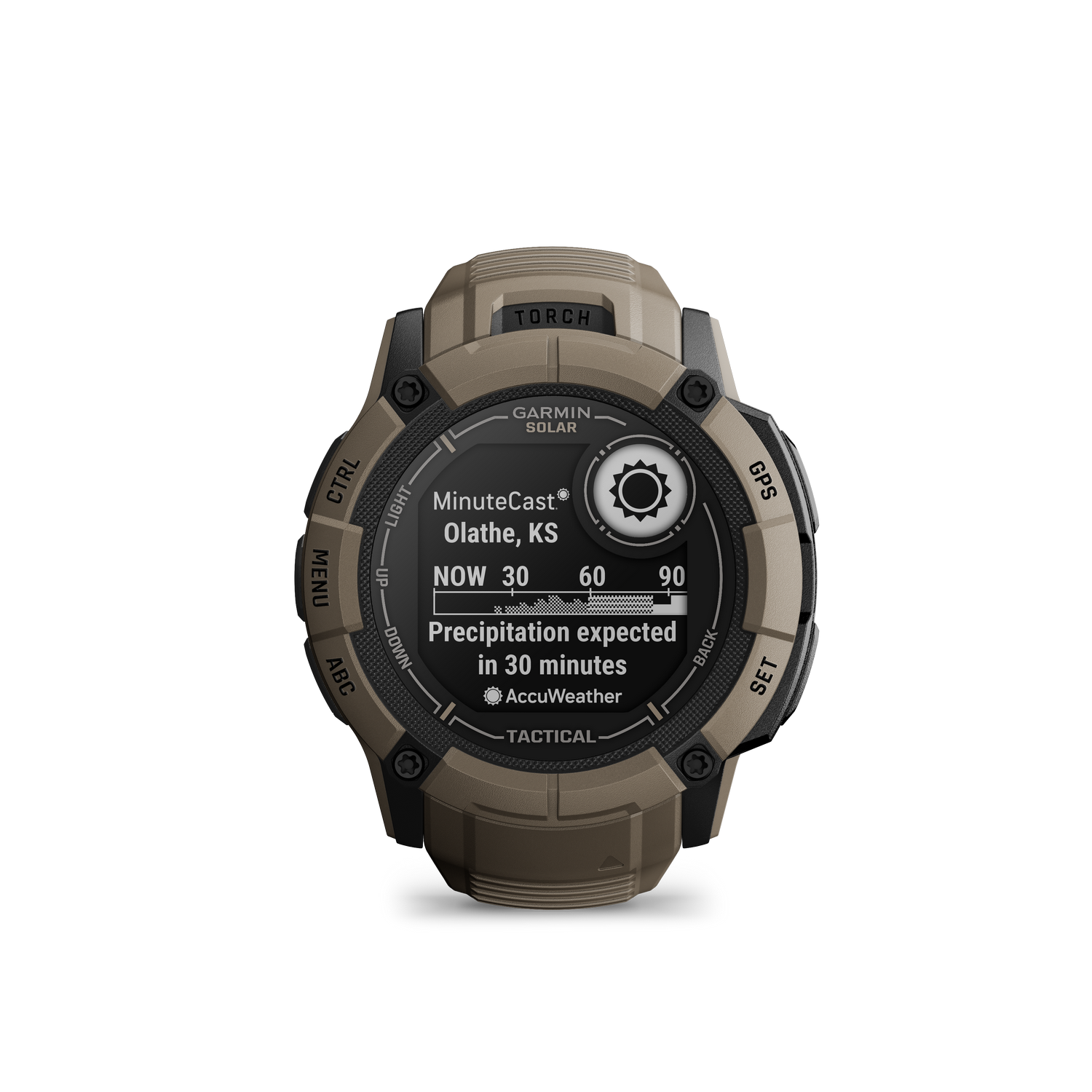 Un reloj negro y marrón con pantalla digital que muestra información meteorológica, sobre fondo negro.