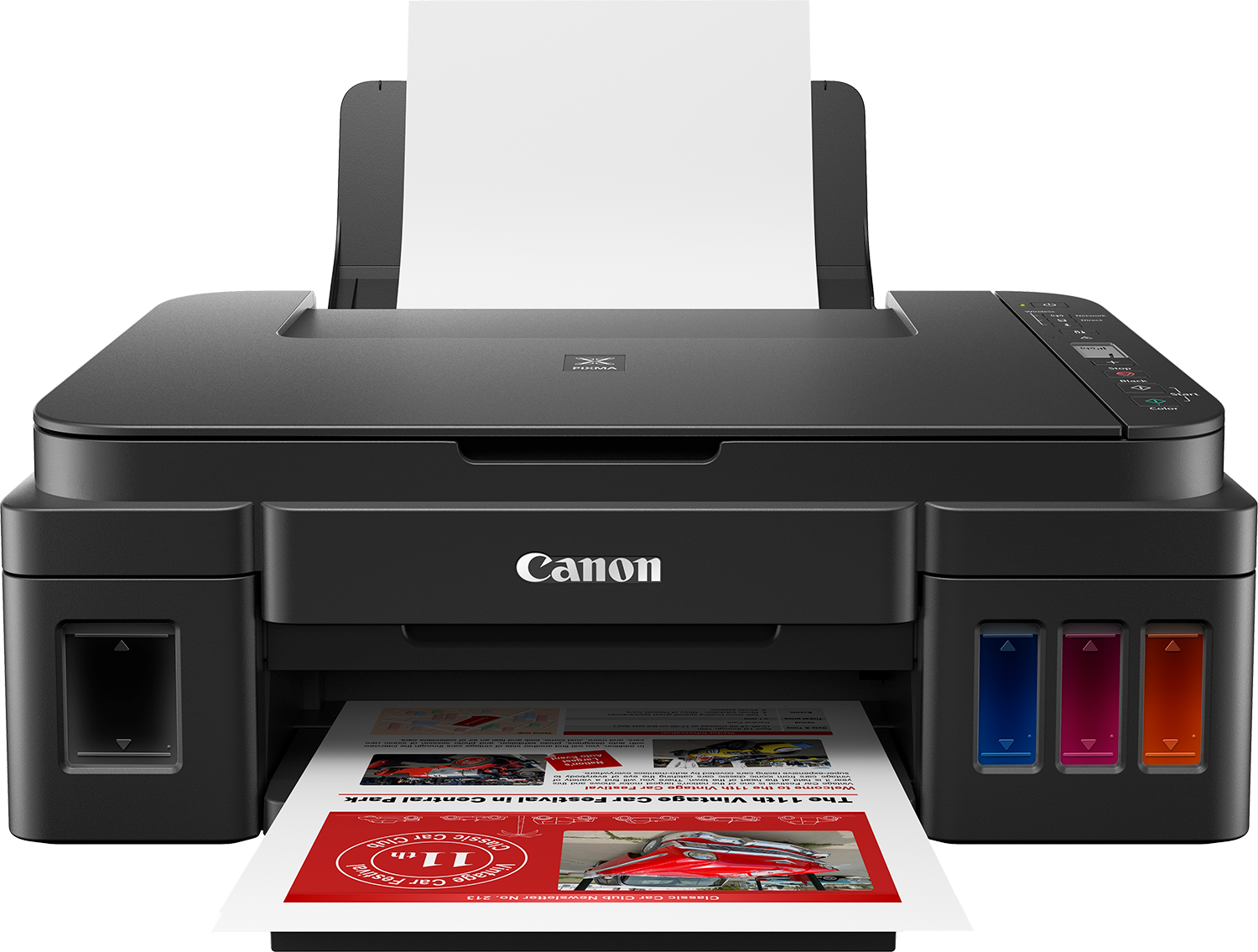 Fekete Canon nyomtató. A papír nyomtatás alatt. A tintapatronok láthatók. Fehér papír.