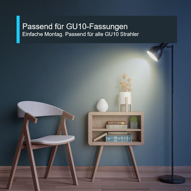 Innenraum: Holzstuhl, Beistelltisch mit Lampe, Bücher, Blumentopf und Text-Overlay.