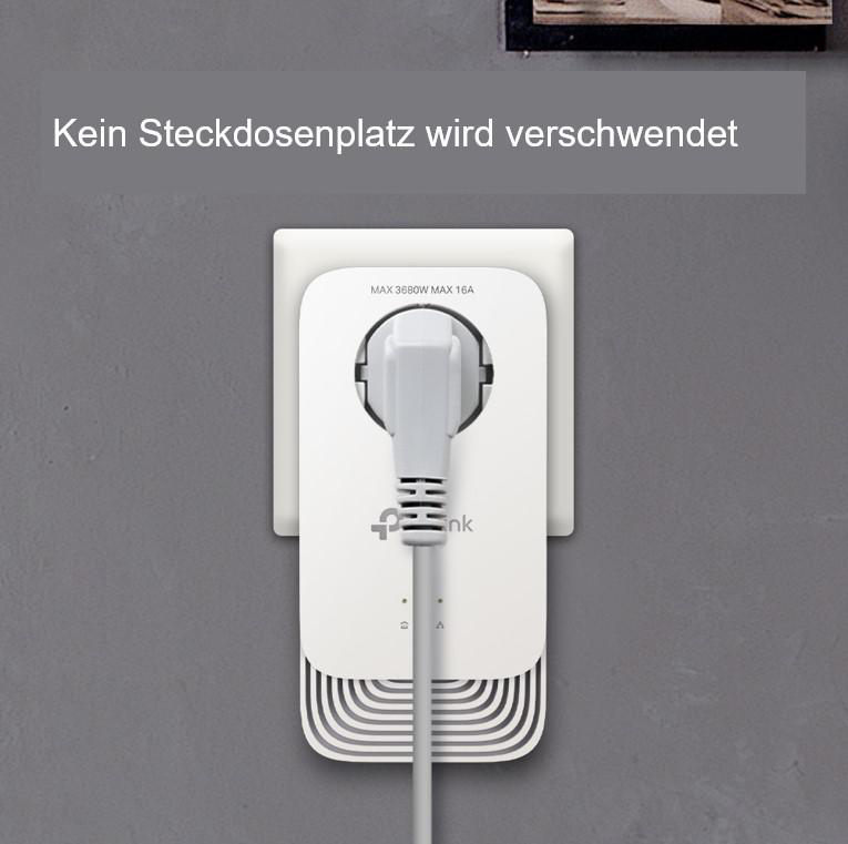 Weiße Steckdose mit Stecker. Text 'Kein Steckdosenplatz wird verschwendet'.