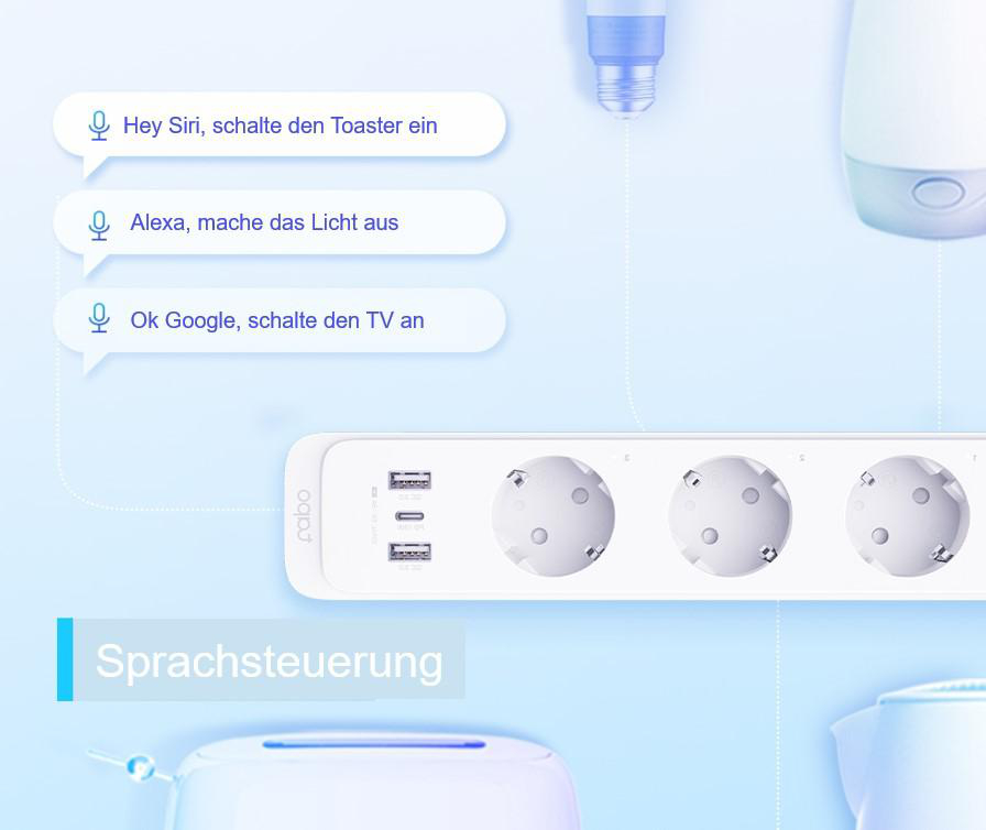 Eine weiße Steckdosenleiste mit USB-Anschlüssen. Text: 'Hey Siri, schalte den Toaster ein'.