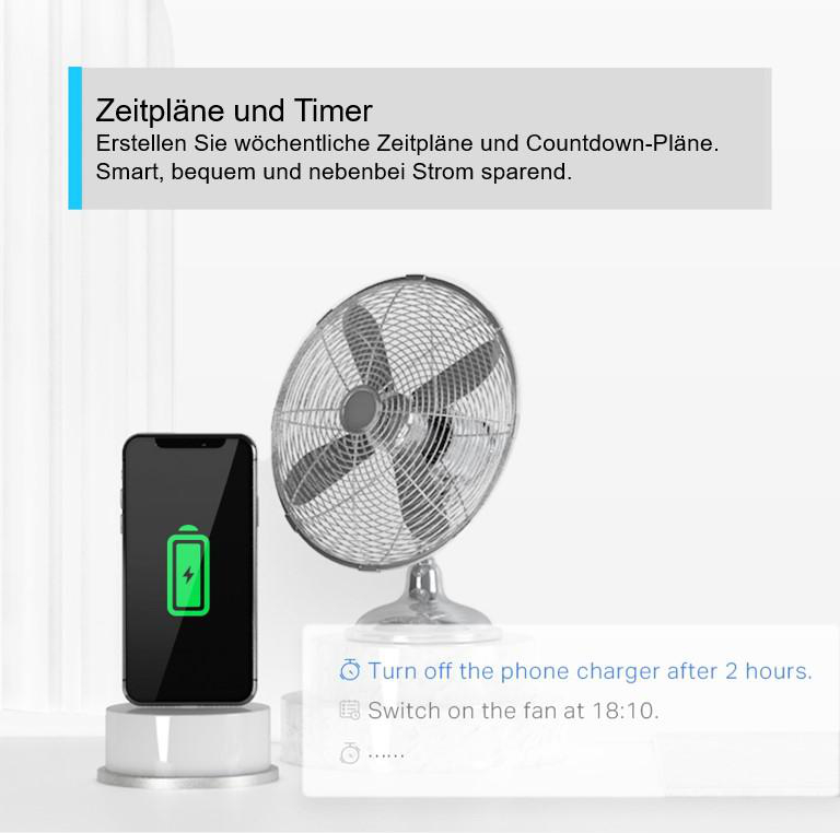Eine Smart-Home-Oberfläche zeigt Timer- und Zeitplanoptionen für einen Ventilator und ein Ladegerät.