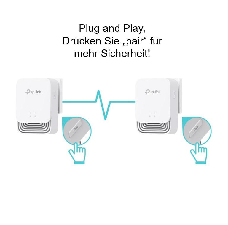 Zwei weiße Geräte mit Text: Plug and Play, drücken Sie pair für mehr Sicherheit!
