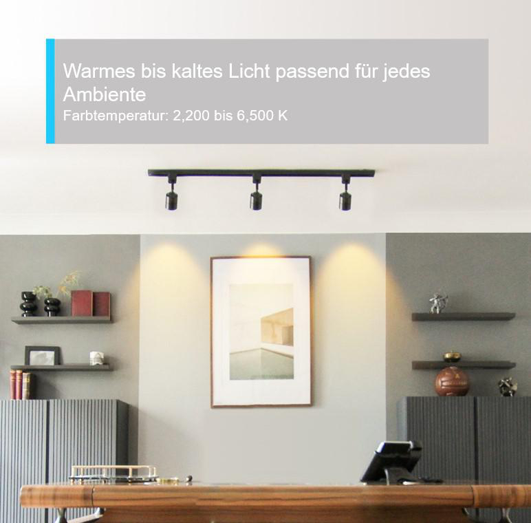 Ein Raum mit Holztisch, Bild, Regalen und einem Schienensystem.