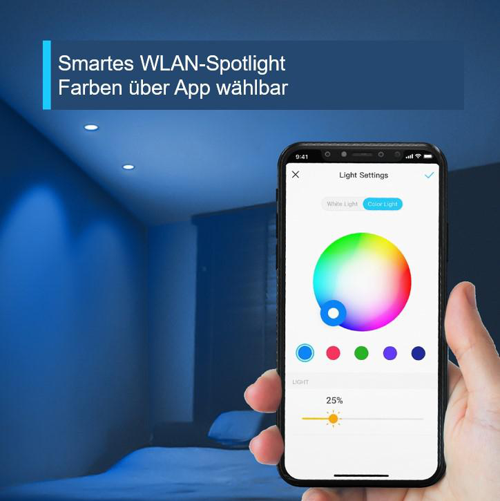 Eine Hand, die ein Smartphone hält, das eine Farbrad-App zeigt, mit blauen Lichtern im Hintergrund.