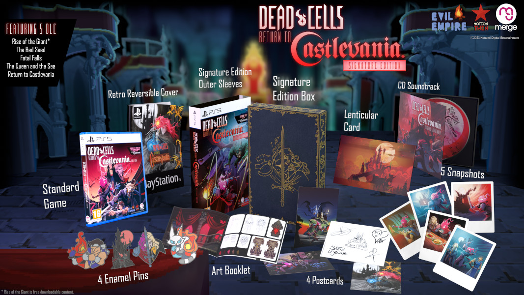Set de caja de juego, titulado Dead Cells: Return to Castlevania. Incluye juego, pines y arte.