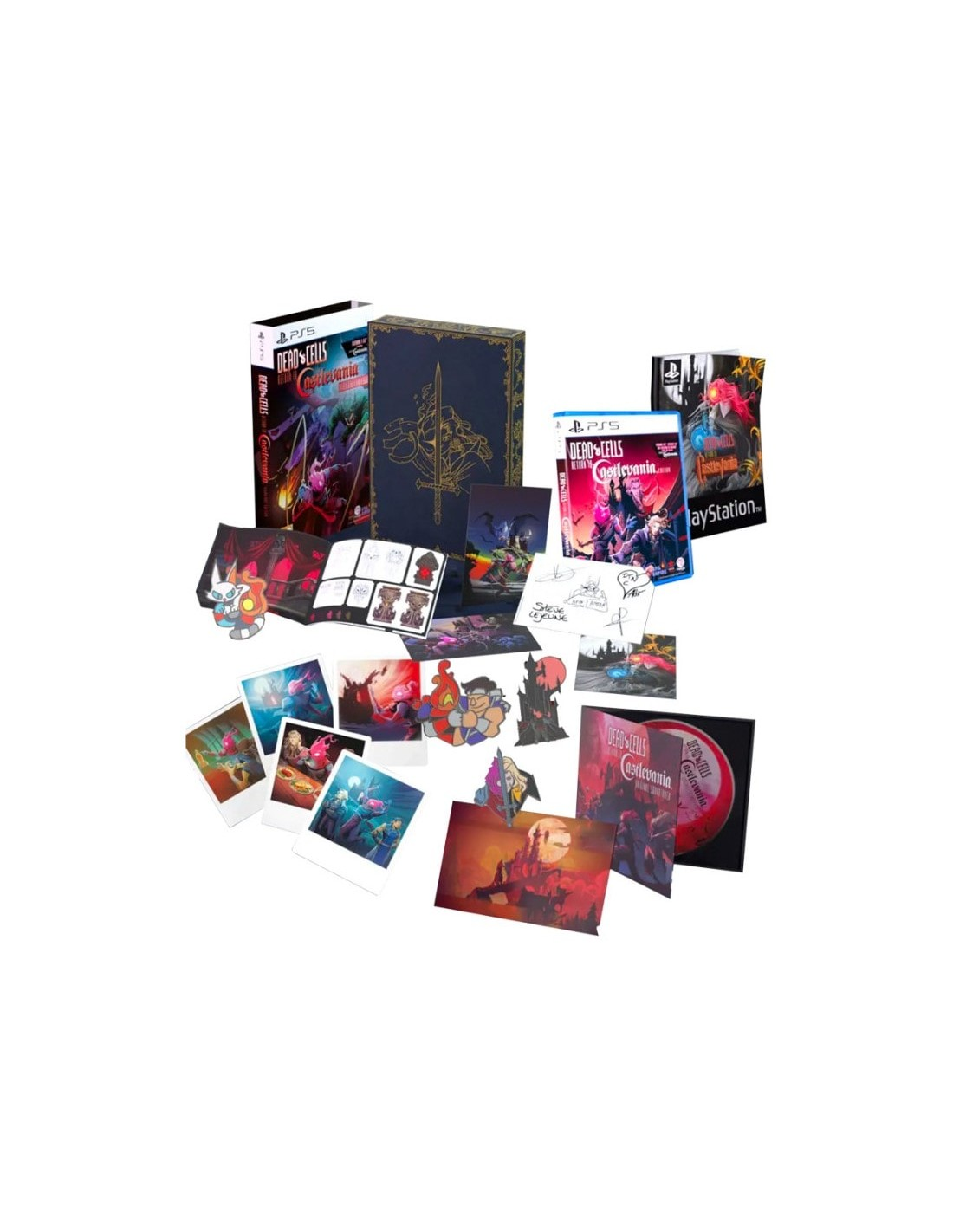 Set de caja de juego con múltiples elementos: juego, libro de arte, postales, pegatinas y CD de banda sonora.