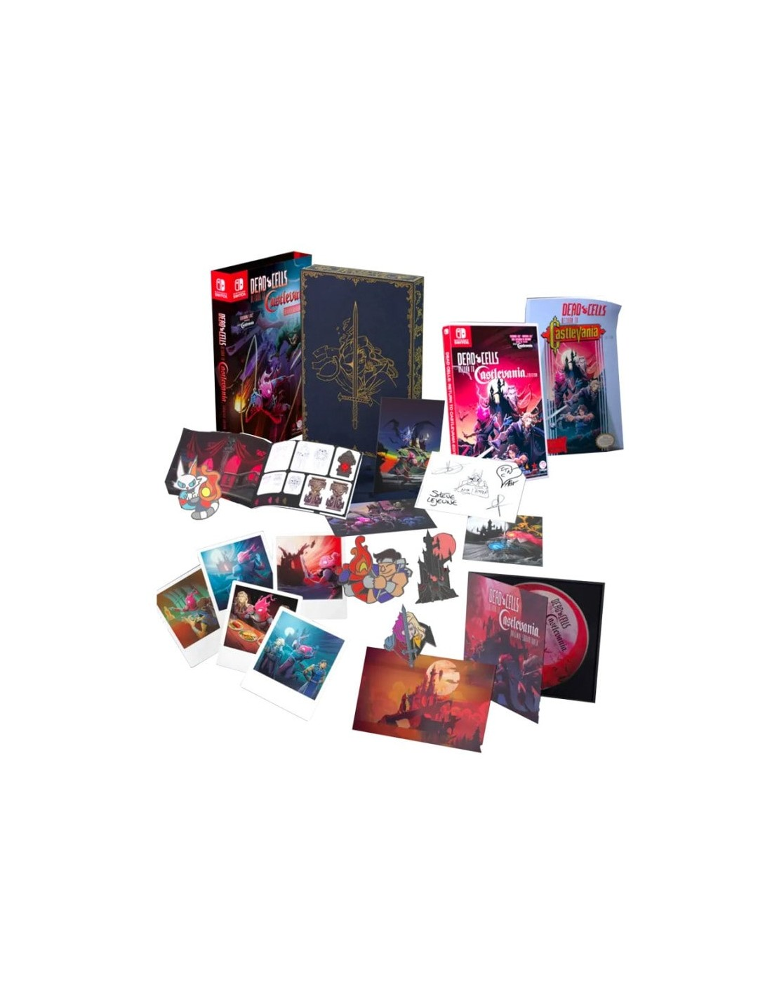 Una colección de objetos de un videojuego: Dead Cells. Incluye cajas de juegos, cartas y arte.