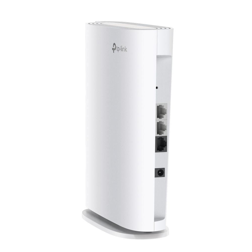 Ein weißer TP-Link-Router mit Anschlüssen auf der Rückseite und einem Stromeingang.