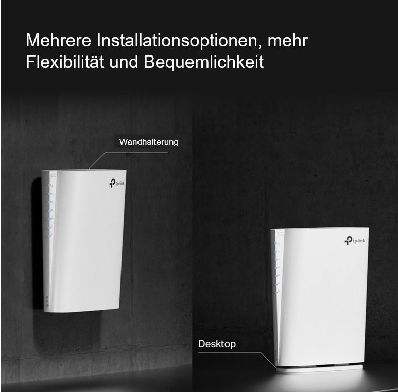 Zwei weiße Geräte an einer Wand, beschriftet mit 'Wandhalterung' und 'Desktop'.