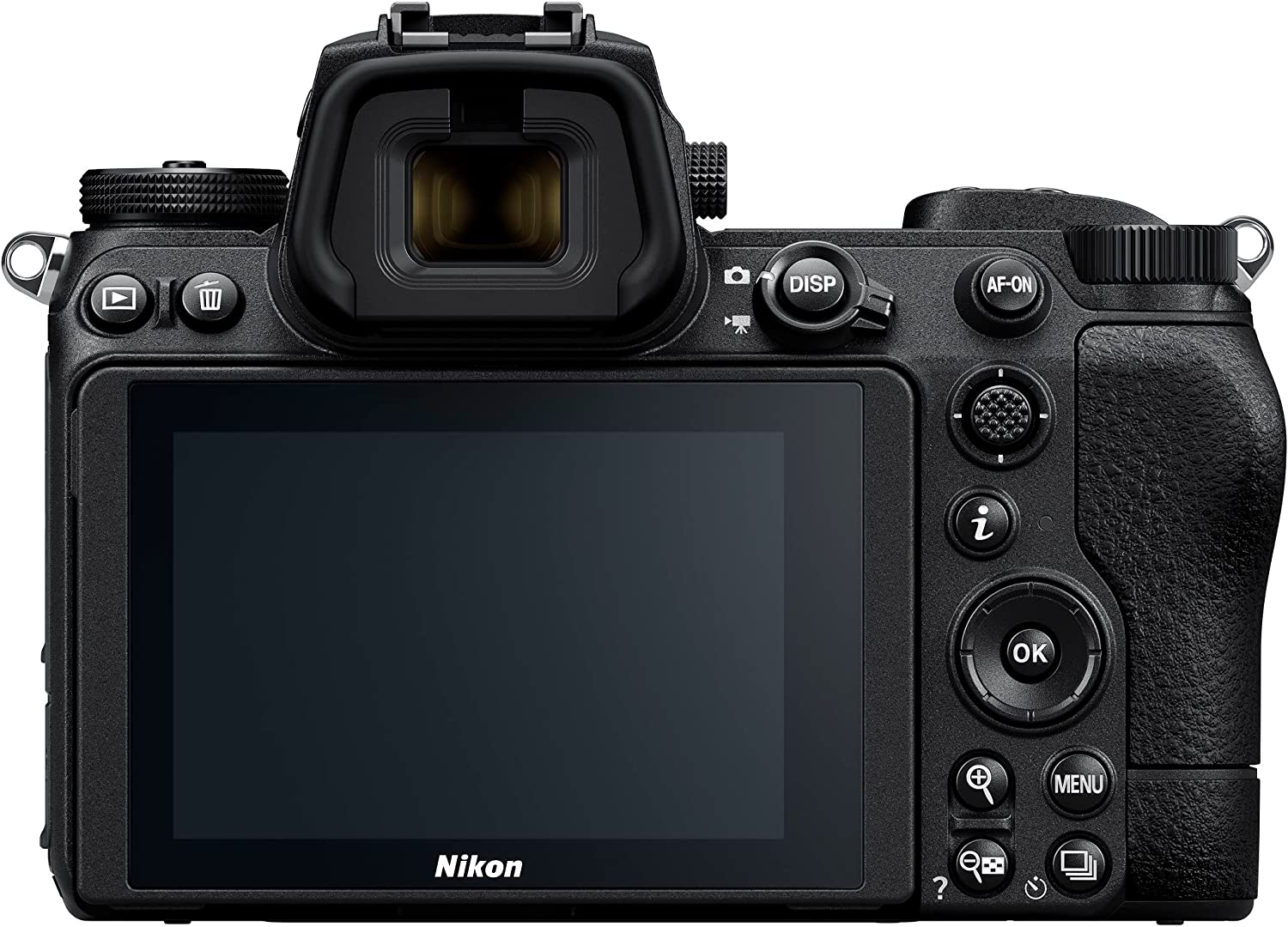 Vista trasera de cámara Nikon negra. Muestra pantalla, botones y visor.