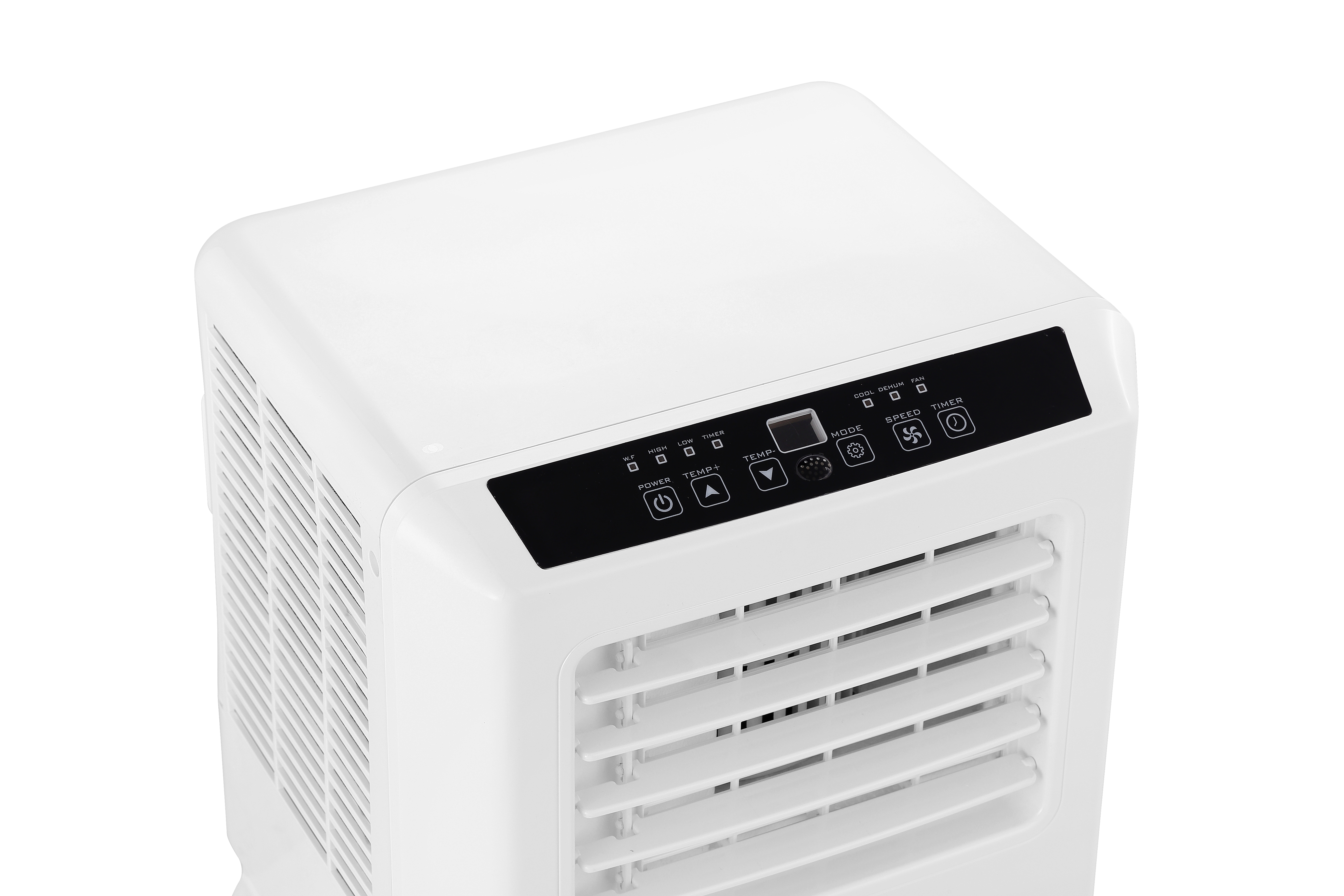 Enfriador de aire blanco con un panel de control en la parte superior, mostrando varios ajustes, sobre un fondo blanco.