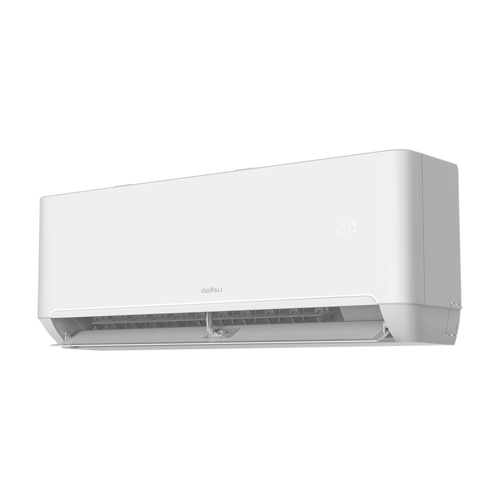 Aire acondicionado Daitsu blanco. Vista lateral, montado en una pared blanca.