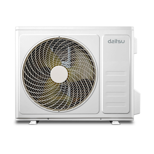 Unidad exterior de aire acondicionado blanca con ventilador y marca 'daitsu' en el lateral.