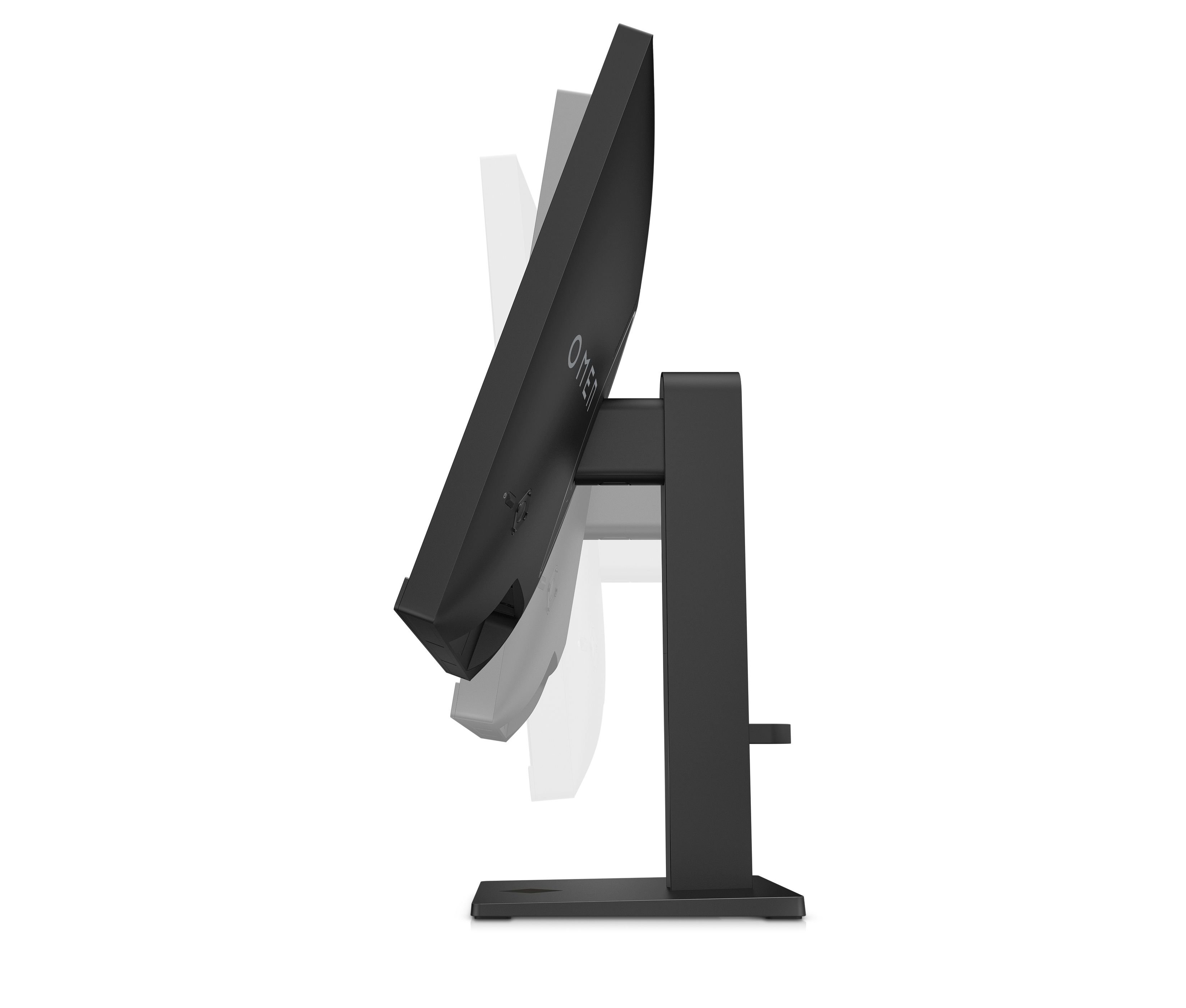 Un monitor de computadora negro inclinado sobre un soporte.