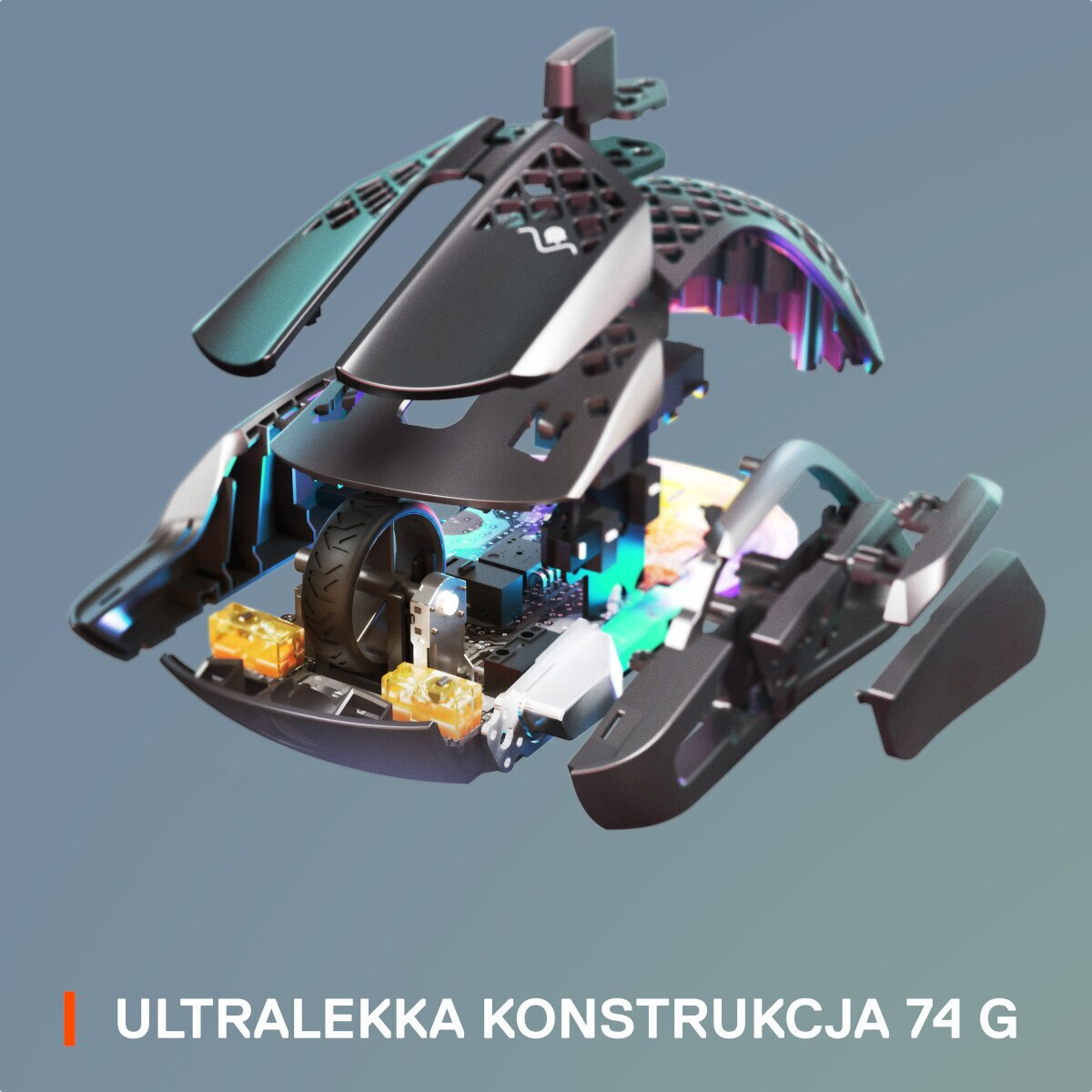 Widok rozłożony czarnej myszy do gier z widocznymi elementami wewnętrznymi.