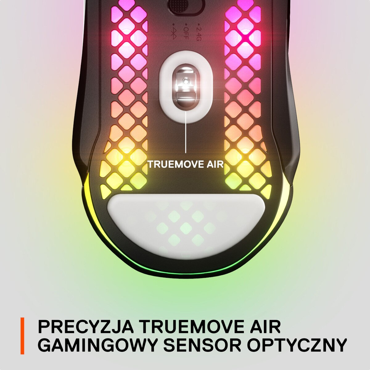 Spód czarnej myszy dla graczy ze światłami i napisem 'Truemove Air'.