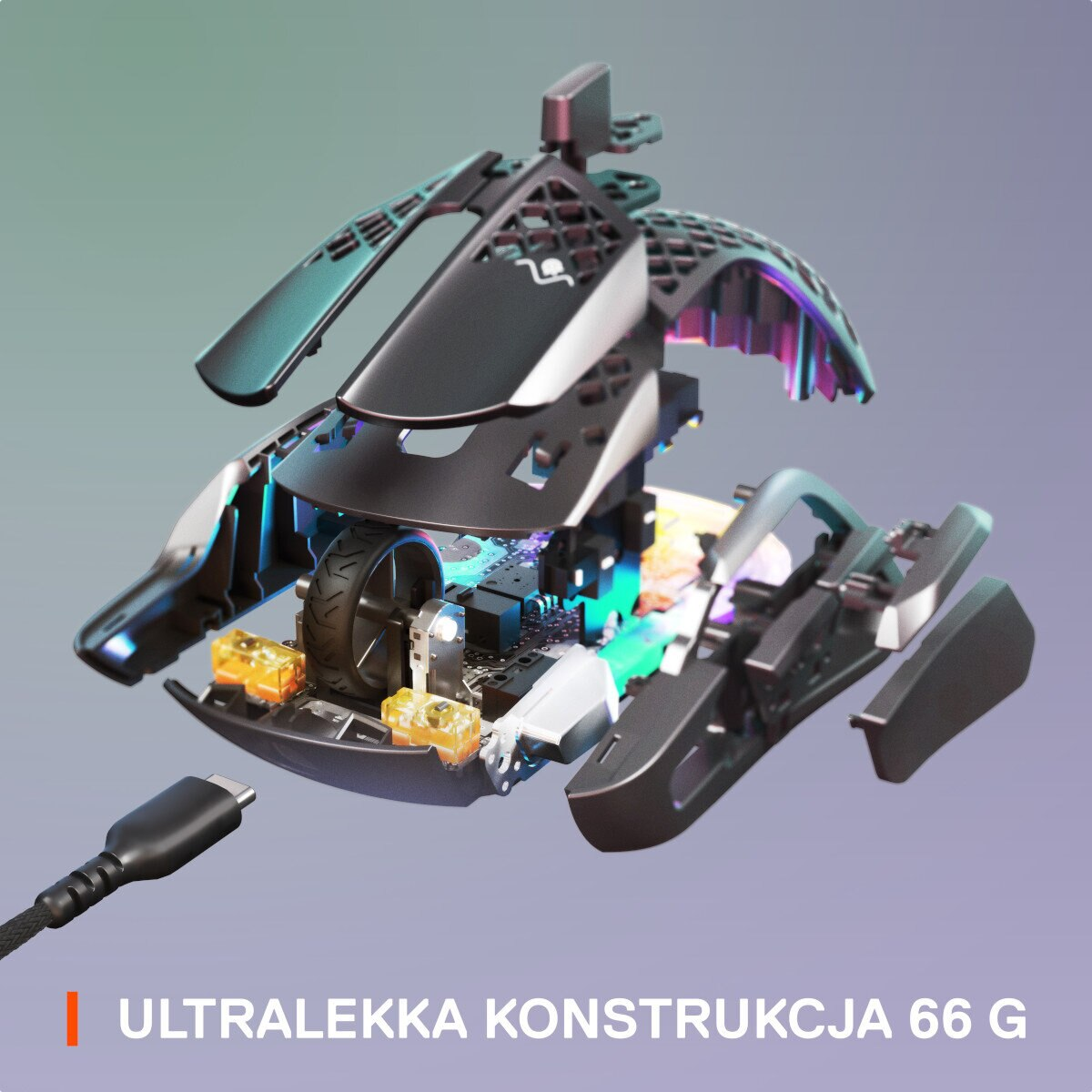 Mysz do gier zdemontowana, pokazująca wewnętrzne komponenty i kabel USB.