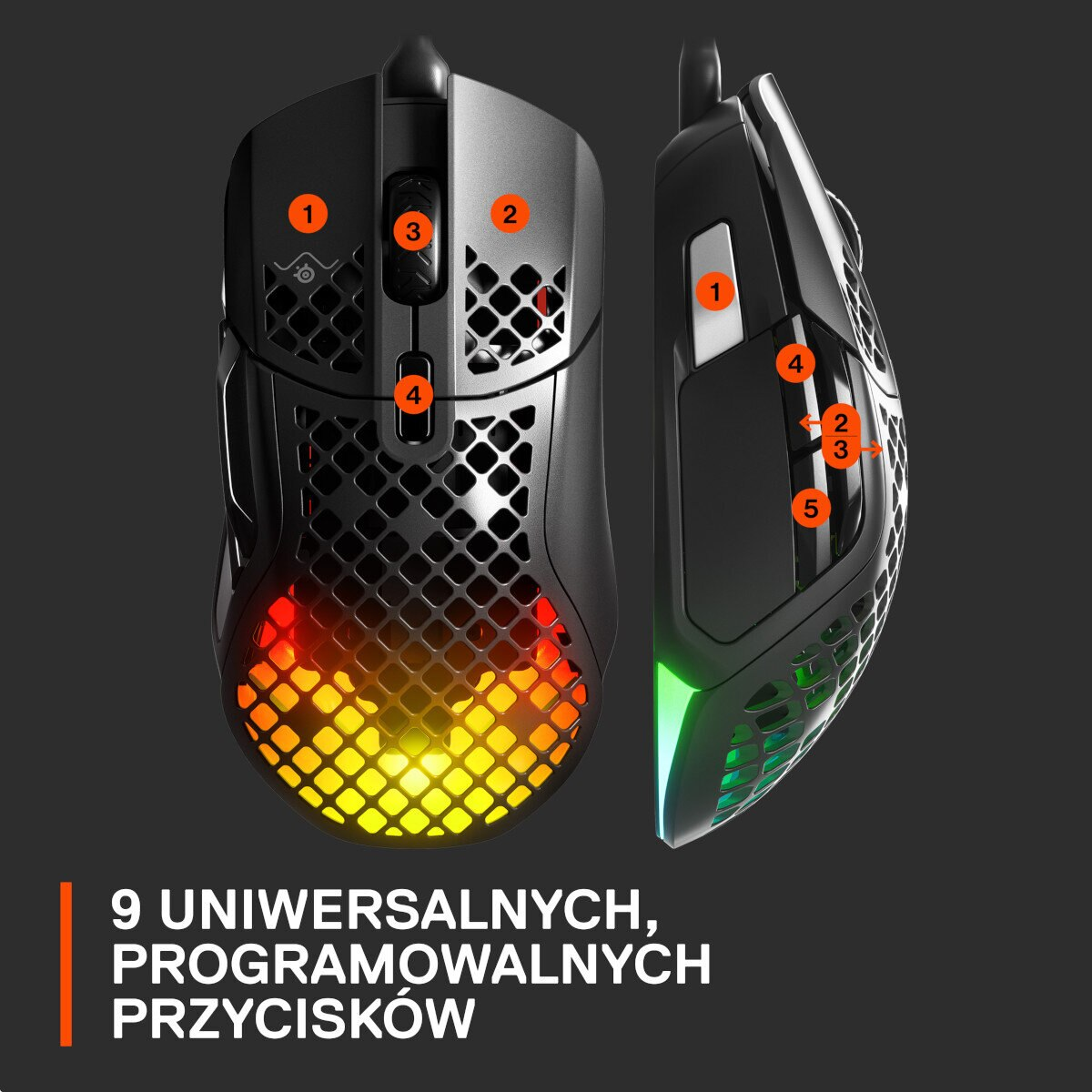 Czarna mysz do gier z numerowanymi przyciskami, pokazująca widoki z góry i z boku z świecącymi światłami.
