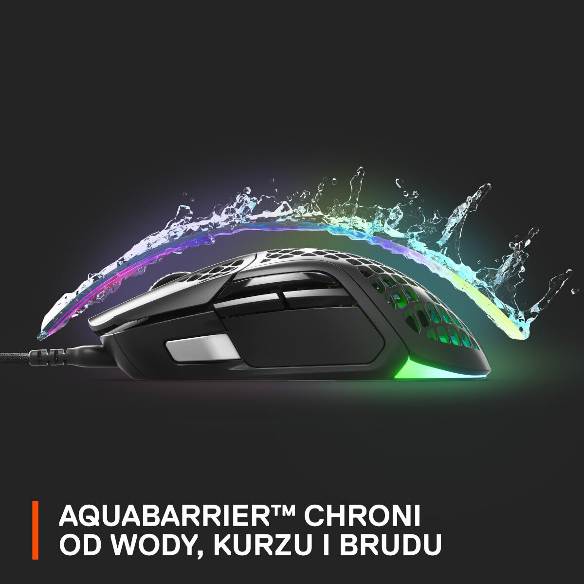 Czarna mysz gamingowa z wielokolorowymi światłami, efektem rozprysku wody i wzorem.