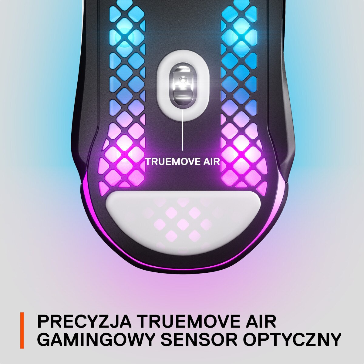 Mysz do gier z perforowaną konstrukcją. Tekst brzmi 'TrueMove Air'. Mysz ma podświetlenie RGB.