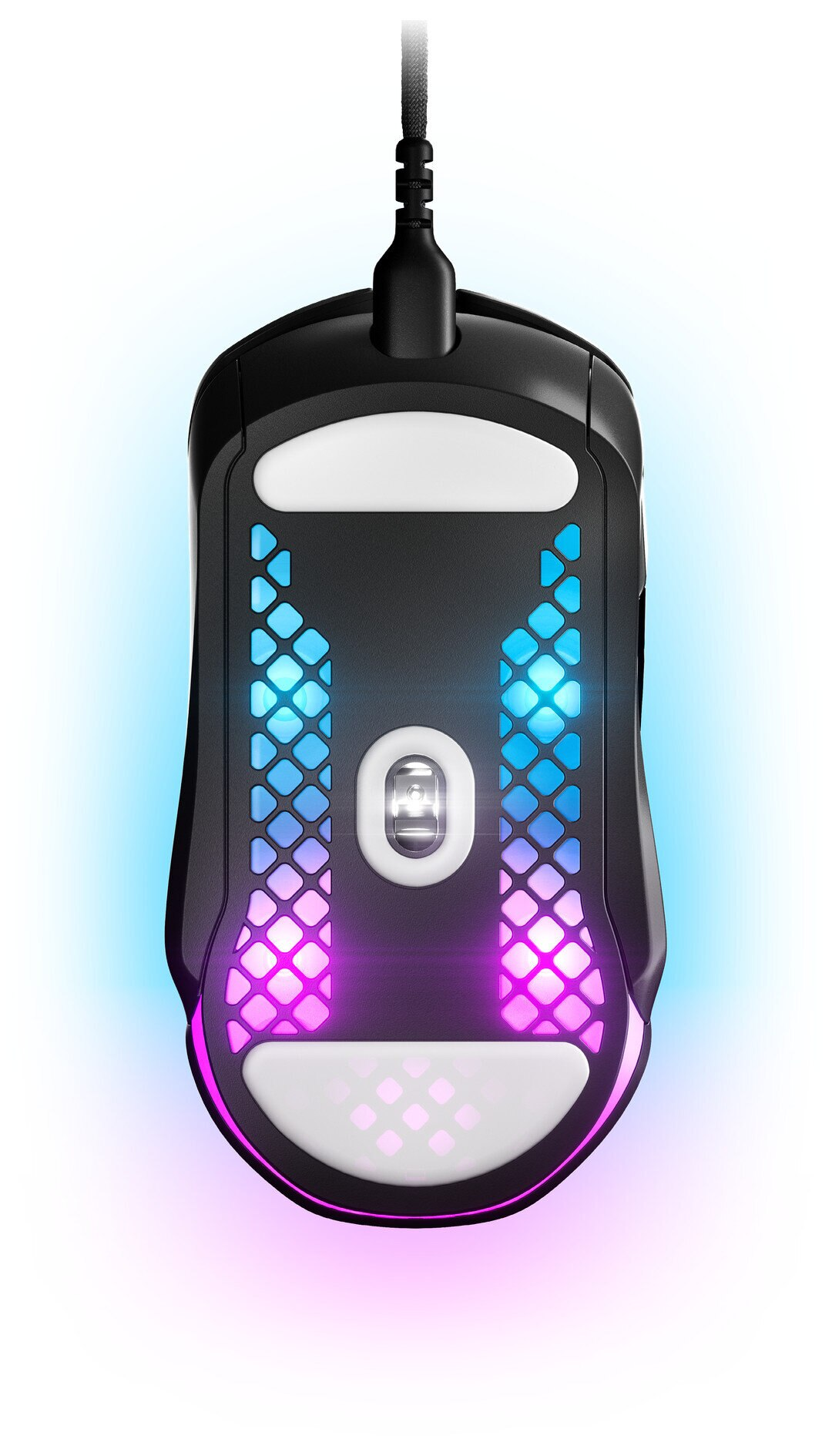 Czarny spód myszki do gier z oświetleniem RGB i białymi nakładkami.