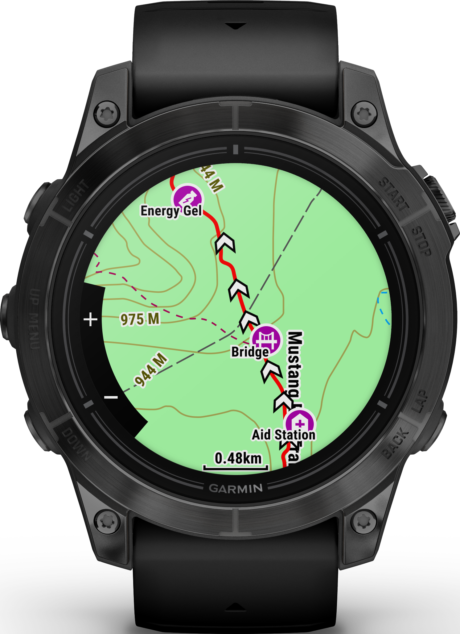 Montre connectée Garmin noire affichant une carte avec détails de navigation.