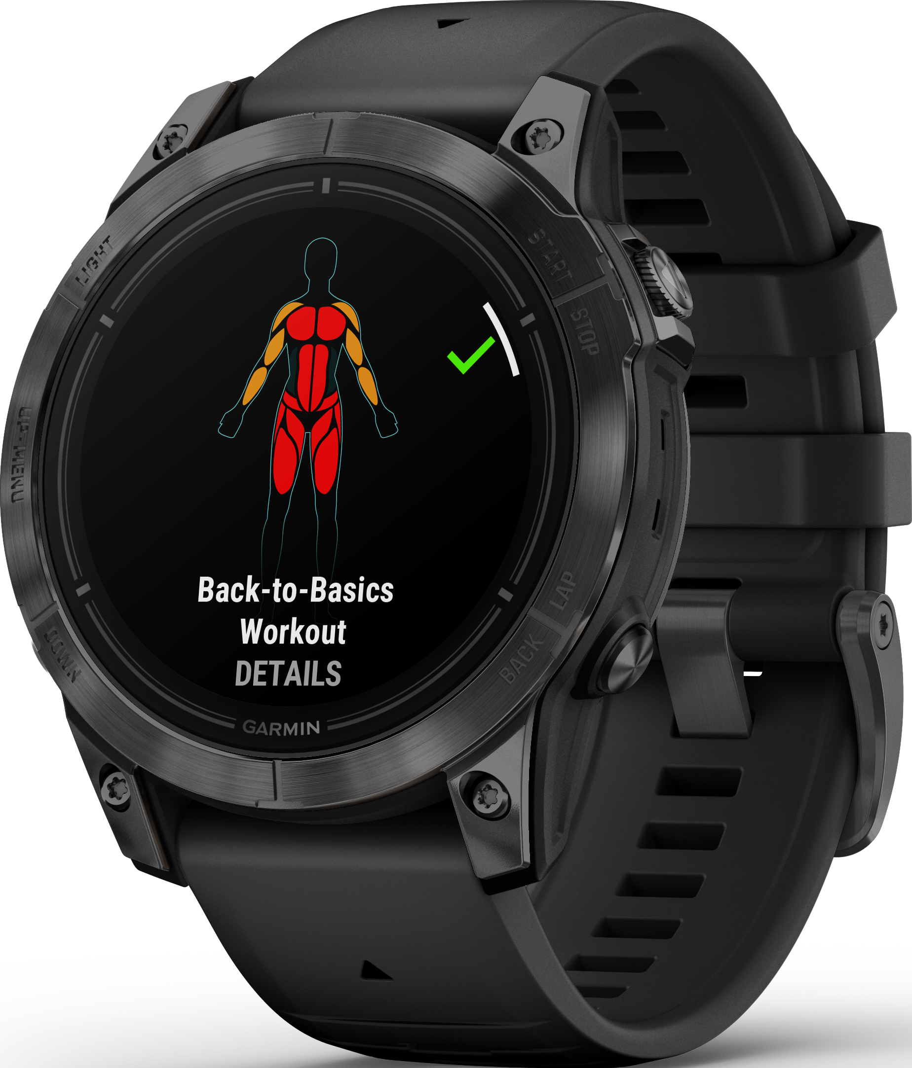 Une smartwatch Garmin noire affichant une séance d'entraînement.